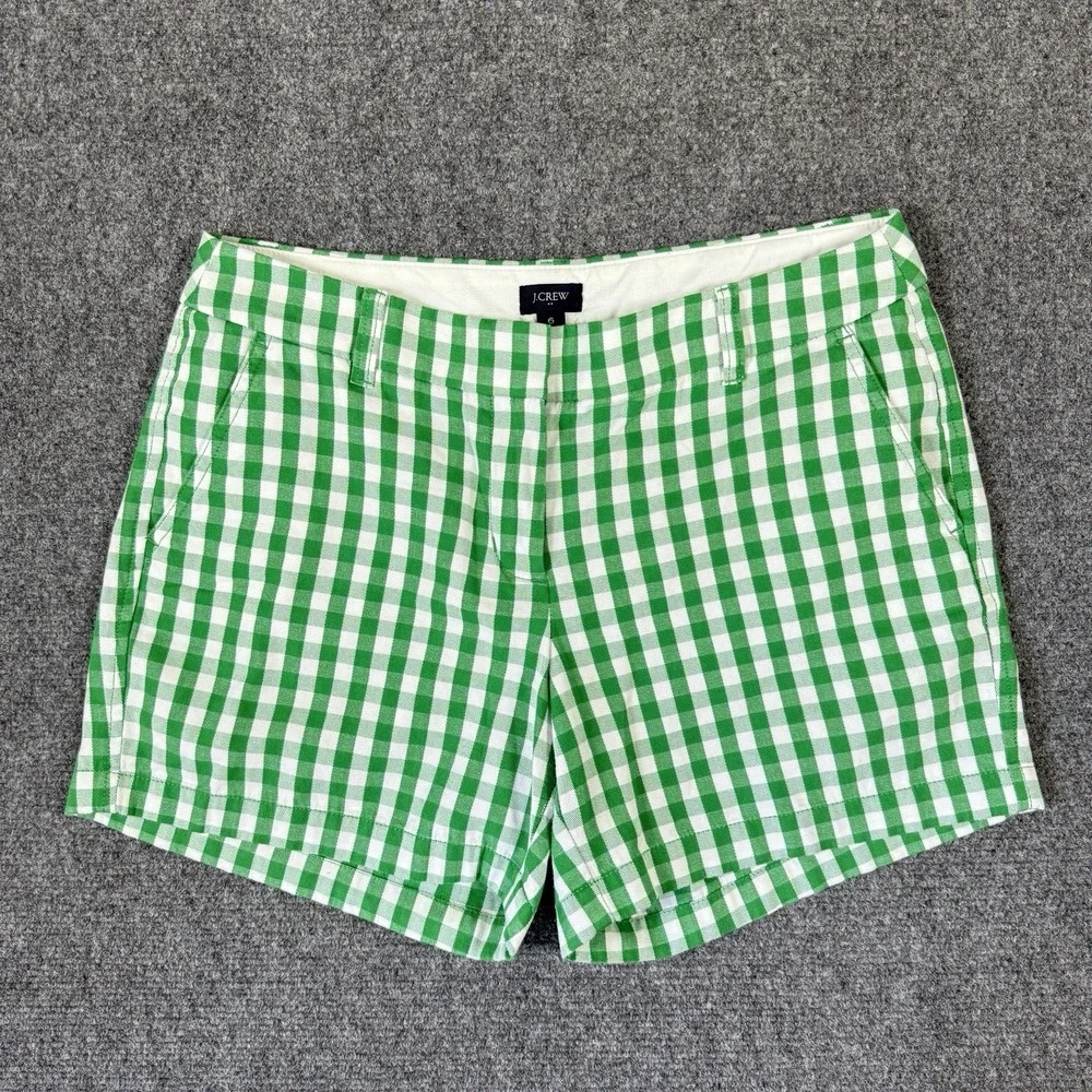 J Crew Chino Cotton Shorts Womens Size 6 Green White Gingham Pockets Casual Chic